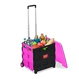 Relaxdays Einkaufstrolley, Klapptrolley mit Rollen & Deckel, Teleskopgriff, bis 35 kg, Faltbarer Trolley, pink/schwarz