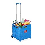 Relaxdays Einkaufstrolley, Klapptrolley mit Rollen & Teleskopgriff, bis 35 kg, Faltbare Einkaufshilfe, Rolltrolley, blau